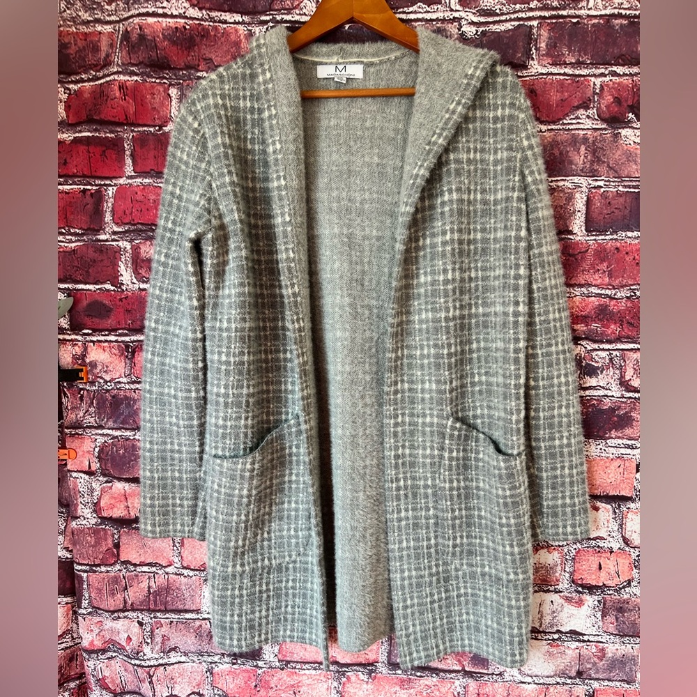 Magaschoni Gray Windowpane Plaid Hooded Open Front Coatigan Sweater M